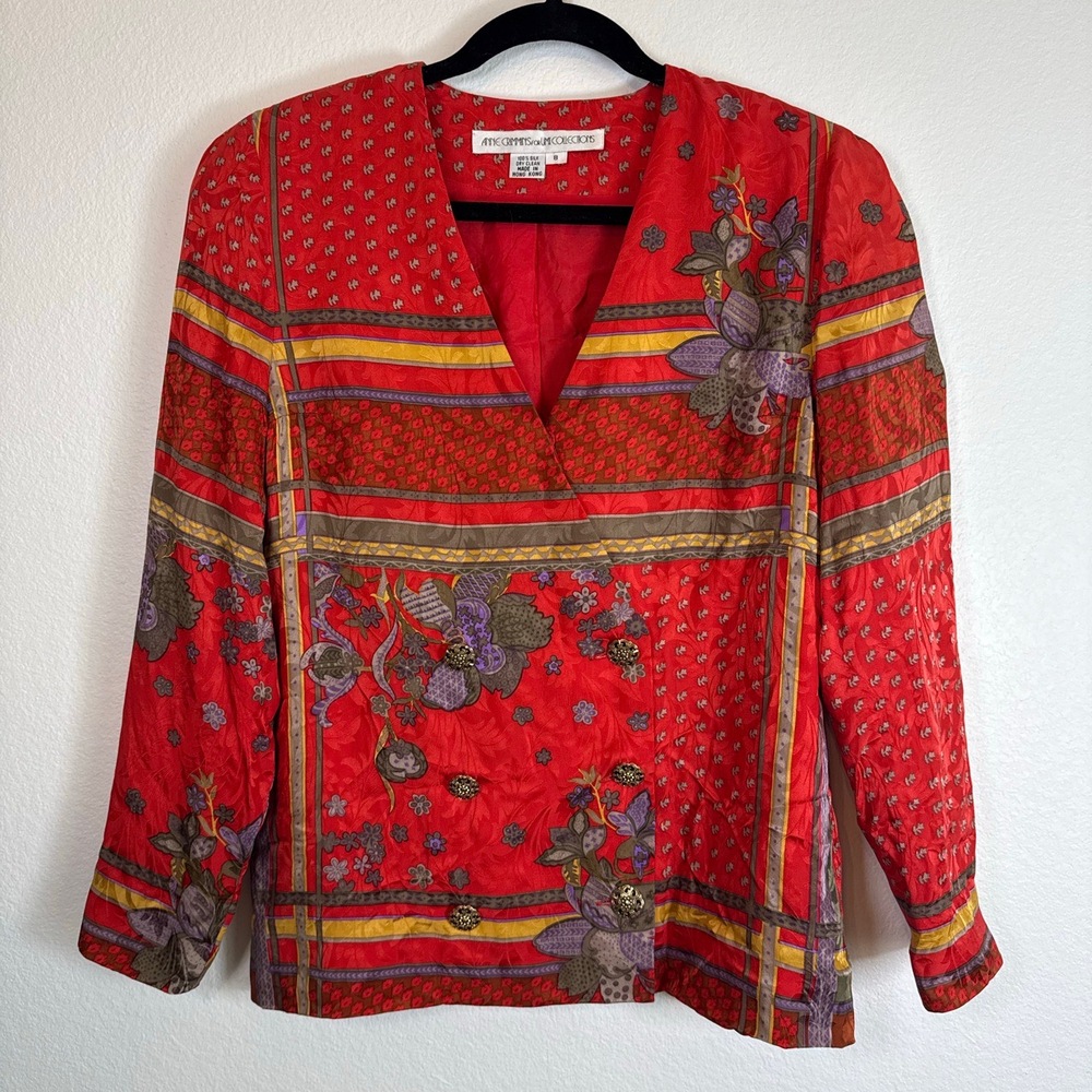 Anne Crimmins Umi Collections Blouse Blazer Size 8 Red Wrap Floral VNeck 90s